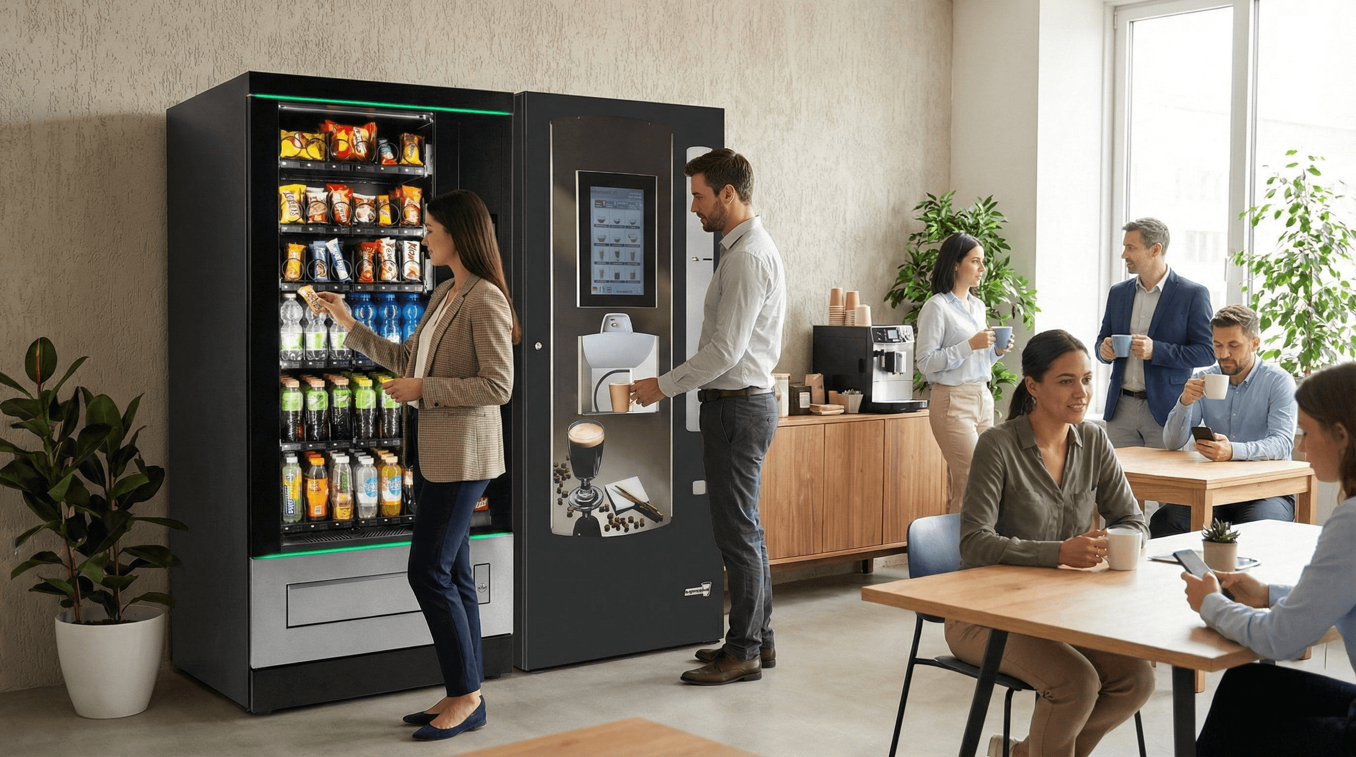 Employees enjoying a modern workplace break room with refreshments