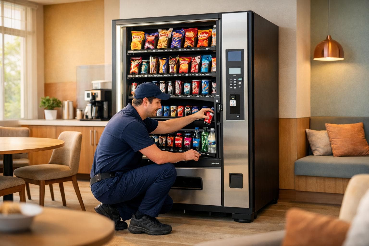 Vending service professional stocking a workplace vending machine